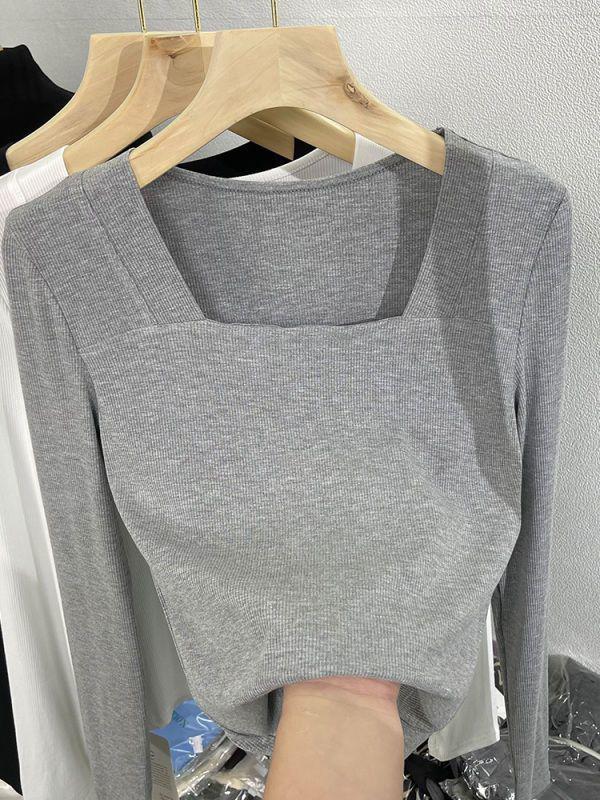 

Женский европейский топ с квадратным вырезом, облегающего кроя, с длинным рукавом, для осени/зимы XL ~125 lbs