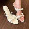 High heels women's summer new nude word with bow sandals round head stiletto slippers women