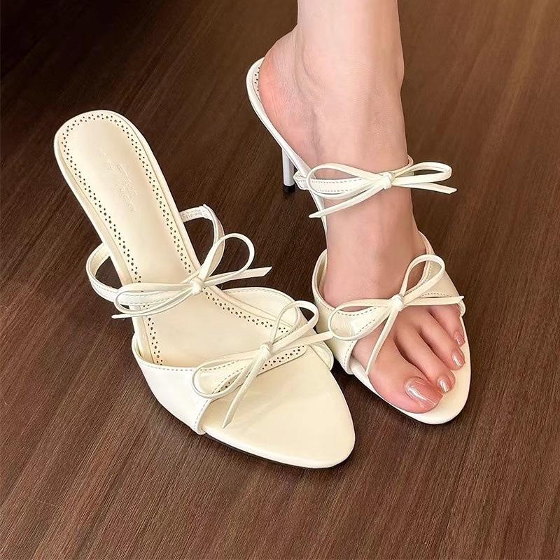 High heels women's summer new nude word with bow sandals round head stiletto slippers women