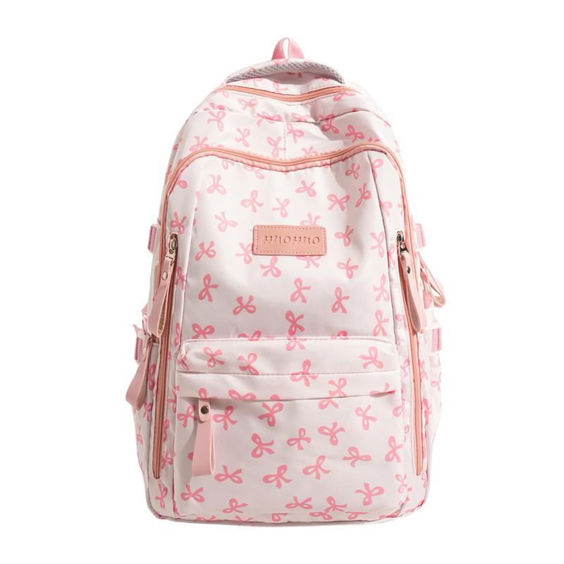Cute Bow Print Backpack for Women Lightweight Casual Daypack Travel School Bag with Multi Pockets