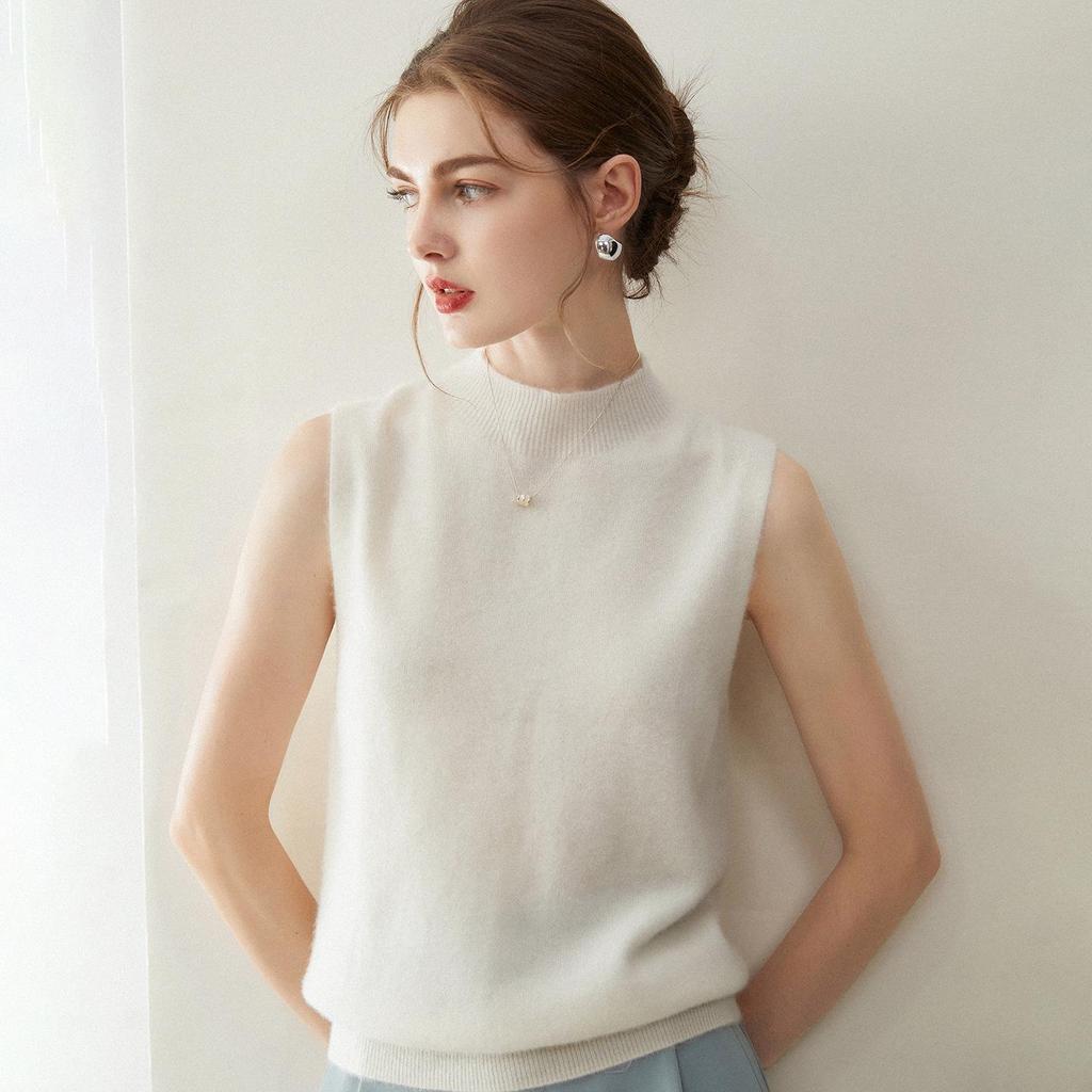 Women's Elegant 100% Pure Cashmere Half-High Collar Knitted Vest - Versatile, Fashionable Base Layer