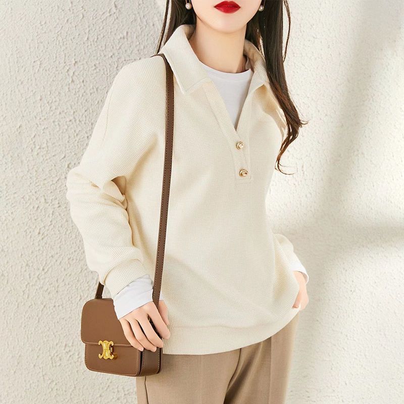 Spring Autumn Waffler Polo V-neck Loose Casual Sweatshirt Women Long Sleeve Solid Simple All-match Pullover Top