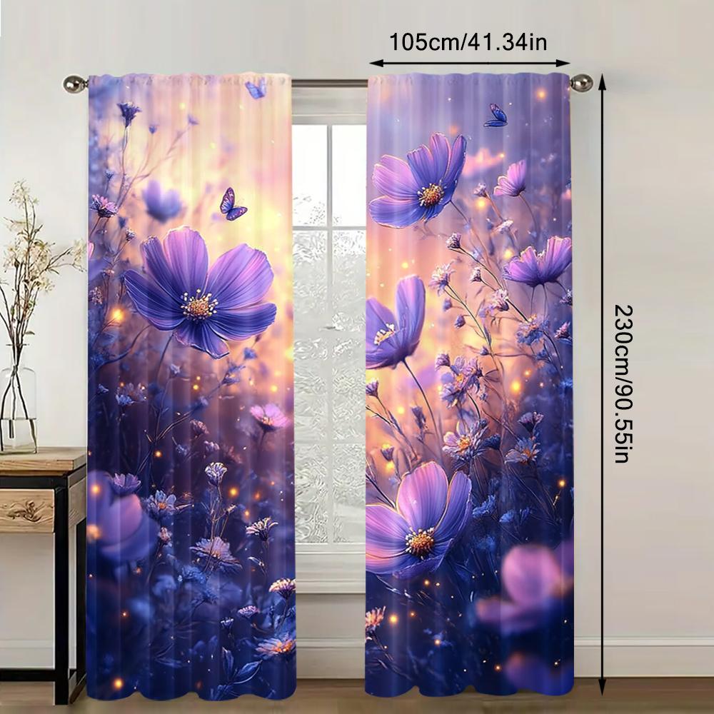 2pc,  Window Curtains Blue & Purple Flowers Light Filter Spring Party & Holiday Decor Perfect for Carnival Decor