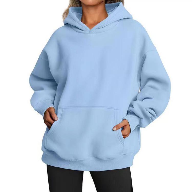 Women’s Hip Hop Street Style Fleece Hooded Sweatshirt Loose Fit Long Sleeve Warm Winter Autumn Solid Color with Pockets