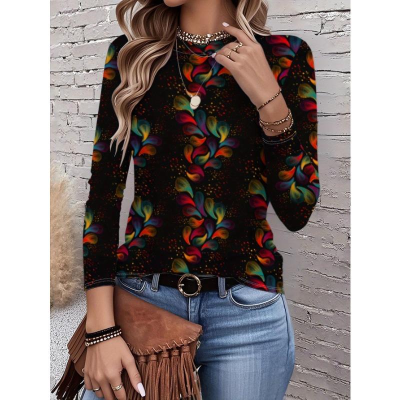 2026 New Women's Fashionable Long-Sleeved T-Shirt with Retro Floral Pattern, Perfect for Everyday Wear and Stylish Outfits