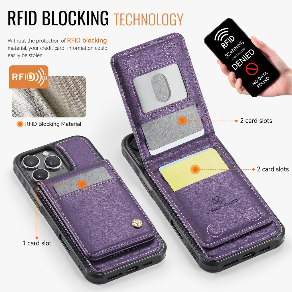 For iPhone 16 Pro Max Leather Back Cover Compatible with MagSafe JEEHOOD J06 Phone Case with Card Bag RFID Blocking