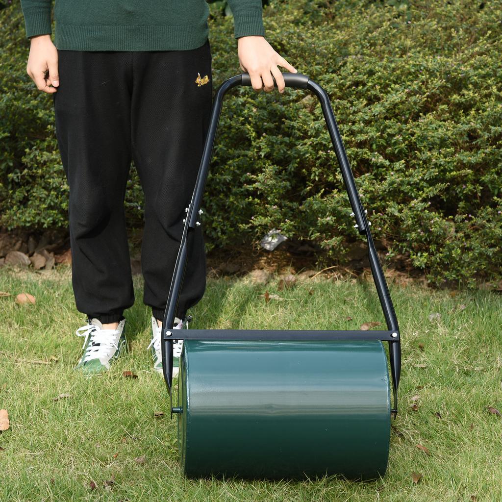 30 L Garden Lawn Roller with Water/Sand Filled Drum, Heavy Duty Steel Lawn Push Rolling Tool, Dark Green