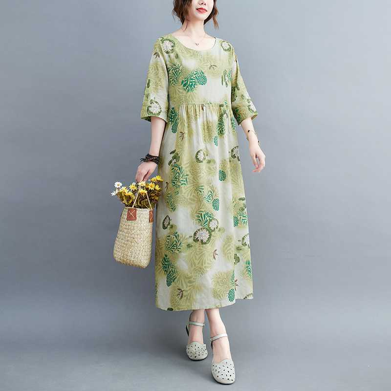 Sommer Neu Übergröße Locker Dünn Rundhals Fünf-Minuten-Ärmel Altersreduzierend Damenkleider