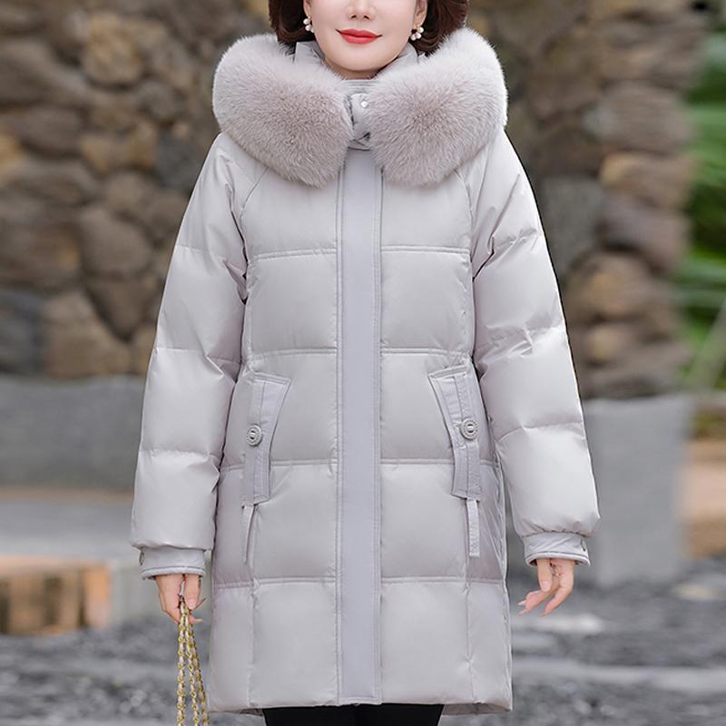 

Real Fur Collar Middle Age Women Winter Down Jackets Vintage Long Parkas Hooded Elegant Thick Warm Down Coats Woman Outerwears 5XL бежевый