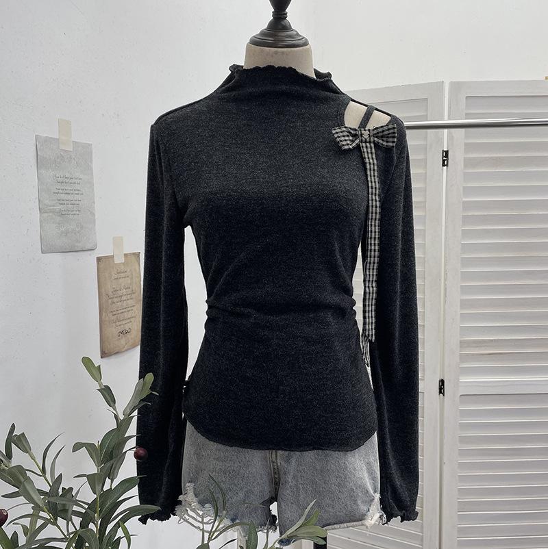 Korean Style Off-Shoulder Bow Slim Fit Long-Sleeve Women's Top