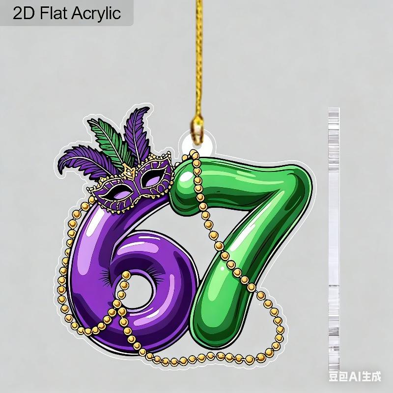 2D Flat Number 67 Shaped Mardi Gras Acrylic Sign, Drops, Suitable for wall decoration, porch, room, villa, accents Home, Hallway, or Workplace - Rusti