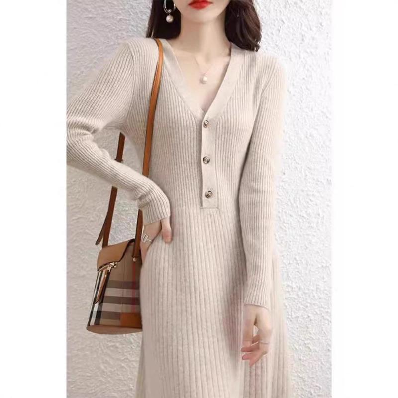 Autumn and winter new solid color thin temperament medium and long sweater skirt women's coat with bottom knitted dress