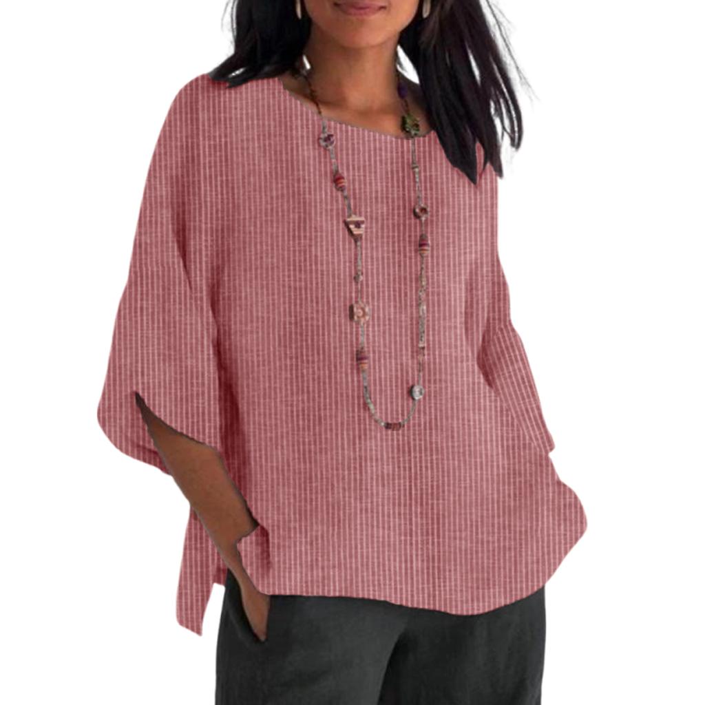 Ladies Fashion Round Neck Cotton Linen Solid Color Loose Top T-shirt