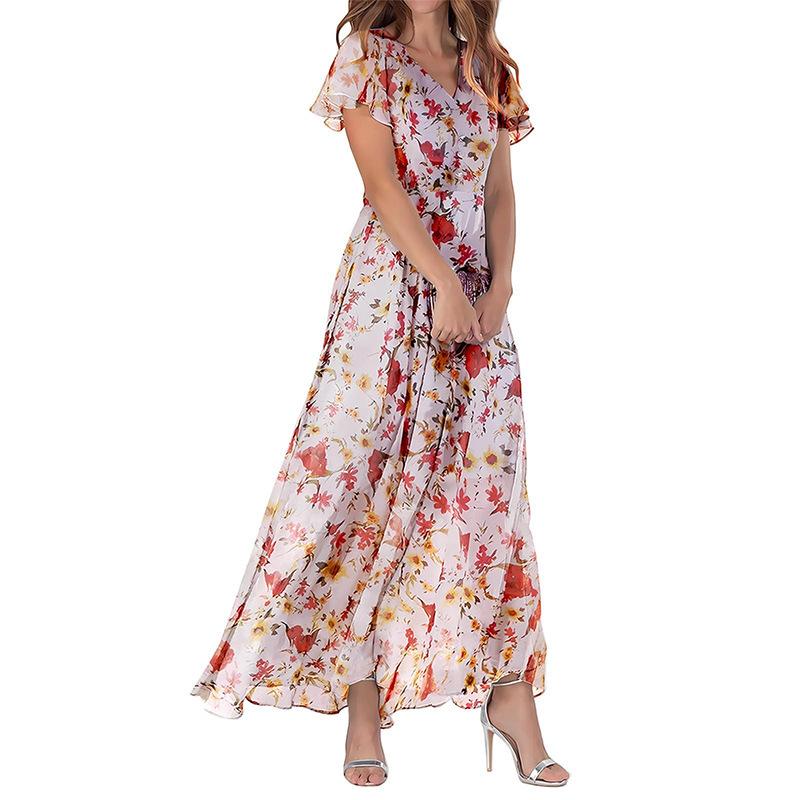 Summer long dress V-neck short-sleeved printed chiffon dress elegant temperament