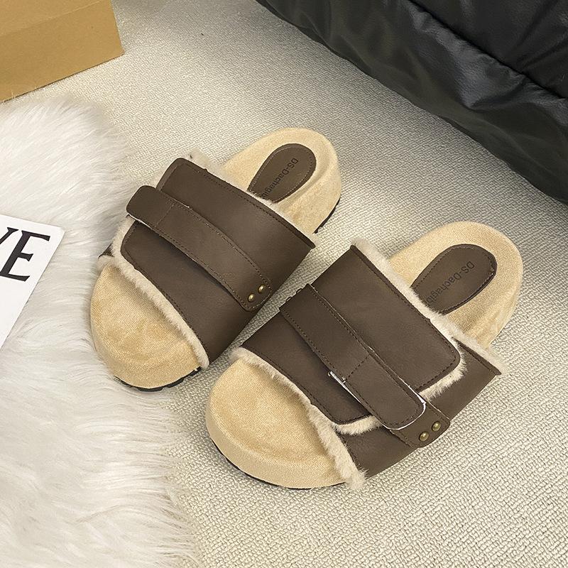 

Ретро поздний вечерний ветер липучка слово с толстой подошвой увеличивающие рост пушистые тапочки 2025 осень женская одежда осень и зима хлопковый моп 40 темно-коричневого