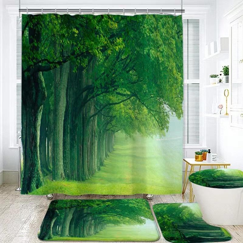 3D Natural Forest Landscape Printed Waterproof Fabric Bathroom Curtain Shower Curtains Set Anti-Skid Rugs Toilet Cover Bath Mat