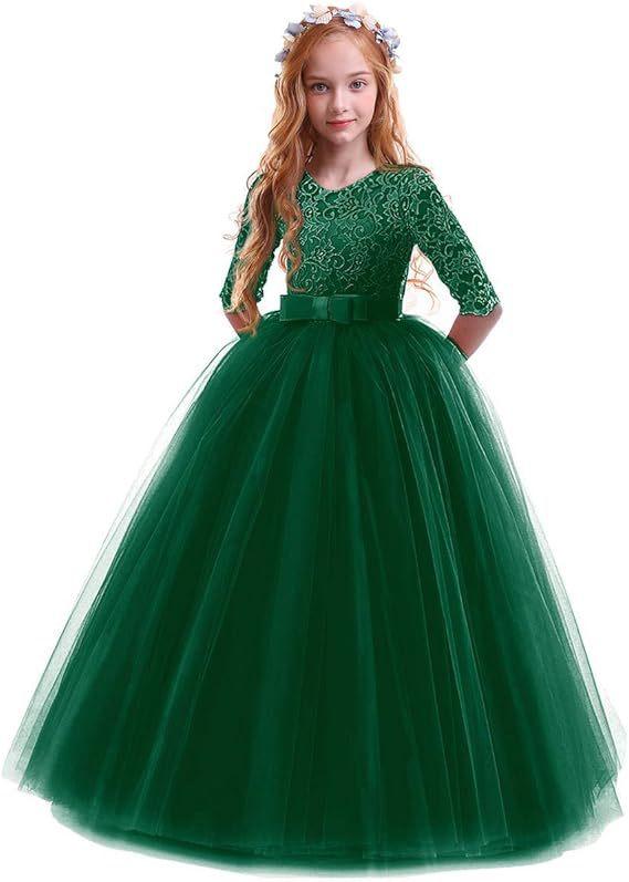 Girls Long Sleeve Flower Girl Wedding Dress Princess Gown