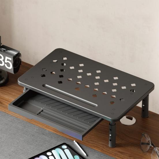 Computer Monitor Riser Cold-Rolled Steel Ventilated Monitor Stand with Drawer 3-Level Height Adjustment Laptop Stand for Home Office