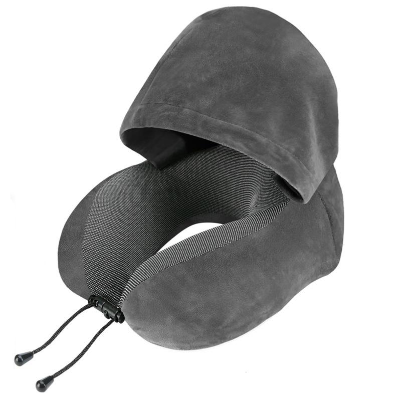 Hooded Memory Foam Travel Neck Pillow - U-Shaped Support for Airplane & Train Naps