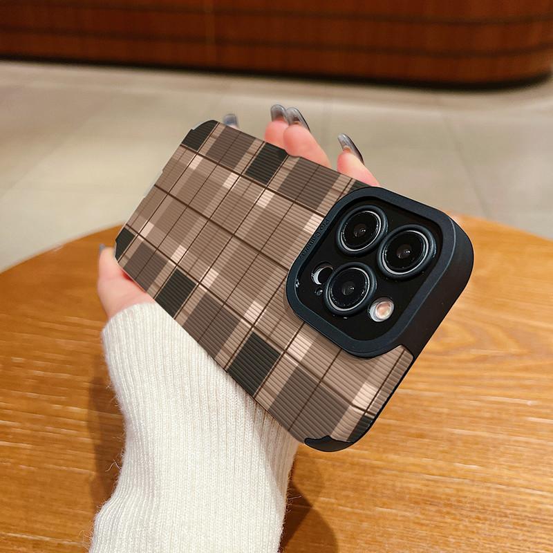 Vertical Grain Leather Shell Fashion Grid Printed Cover Patterned Soft Silicone Case with Camera Lens Full Protection for iPhone