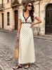 New French vacation style bubble sleeve polka dot lace V-neck dress