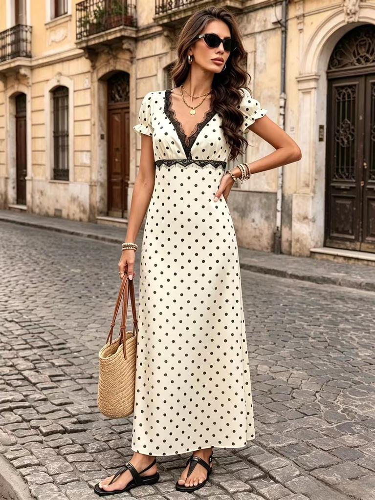 New French vacation style bubble sleeve polka dot lace V-neck dress
