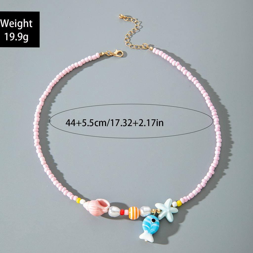 Bohemian Starfish Pendant Pearls Bead Necklace Adjustable Length Portable Jewelry for Beach Vacation and Parties