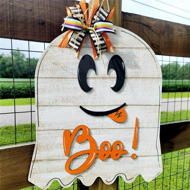

HHO-Wood Halloween Door Hanger Cute Ghost Welcome Sign With Boo Motif For Front Porch Outdoor Use Decor