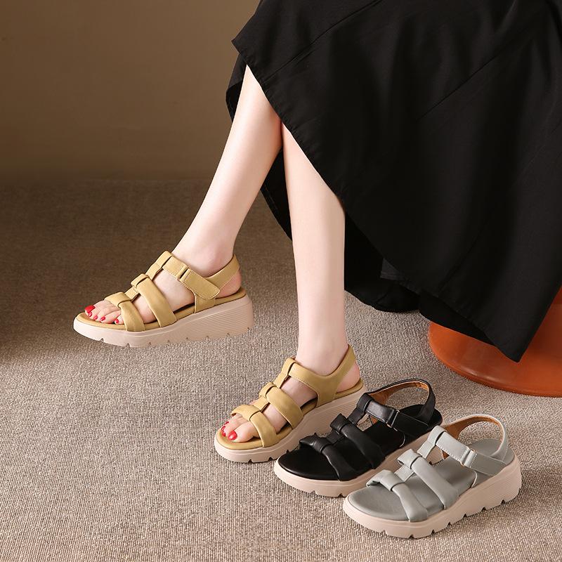 Thick-soled retro new Roman sandals women's shoes heightened woven hollow one-word buckle belt comfortable sandals