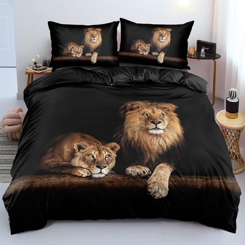 Lion Tiger King Queen Duvet Cover Lovely Wild Animals Bedding Set For Kids Teens Adults Wildlife Grey Black 2/3pcs Quilt Cover