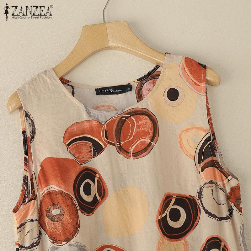 ZANZEA Women Holiday Casual Round Neck Sleeveless Print Dress