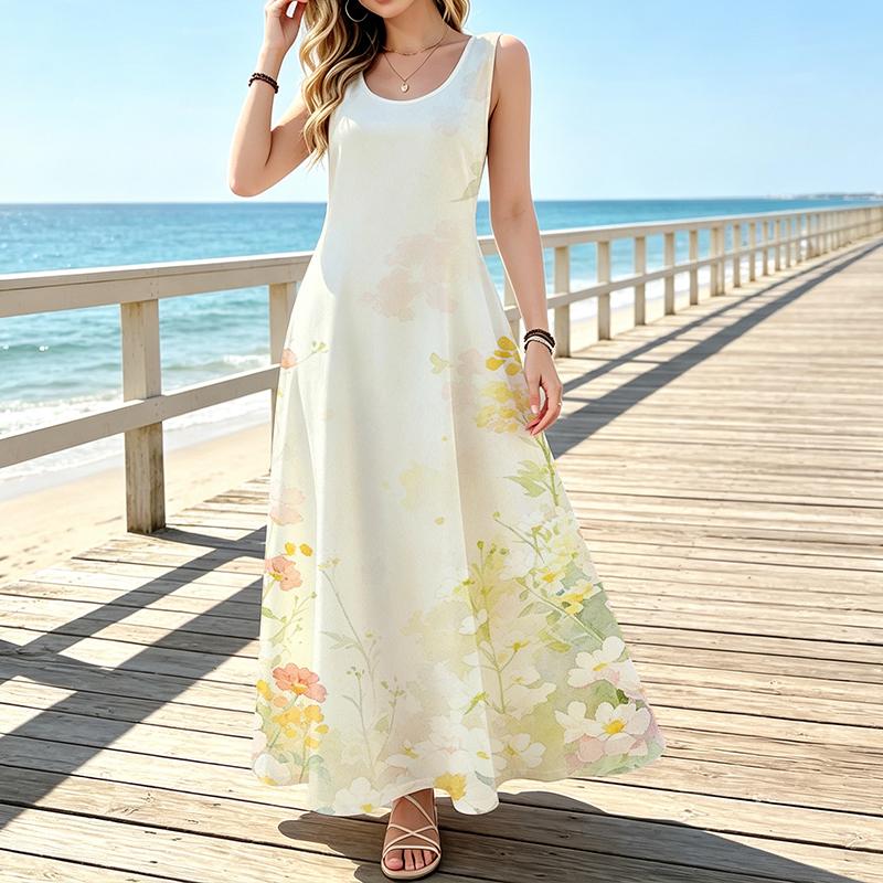Sleeveless U Neck Maxi Dress,Women Pastel Floral Sundress,Watercolor Wildflower Print,Holiday Beach Outfit