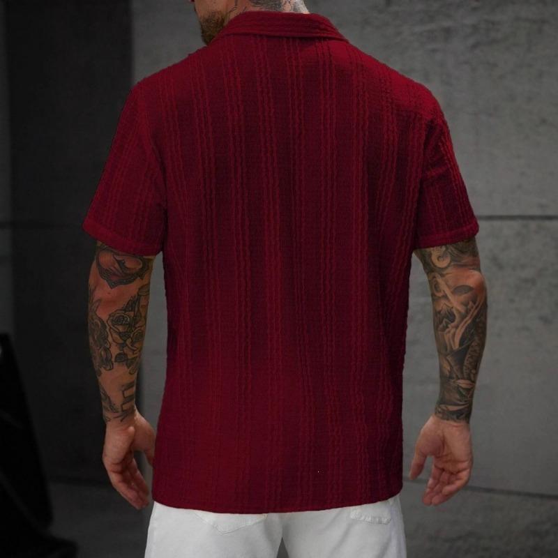 Mens Casual Short Sleeve Striped Cuban Collar Textured Shirt