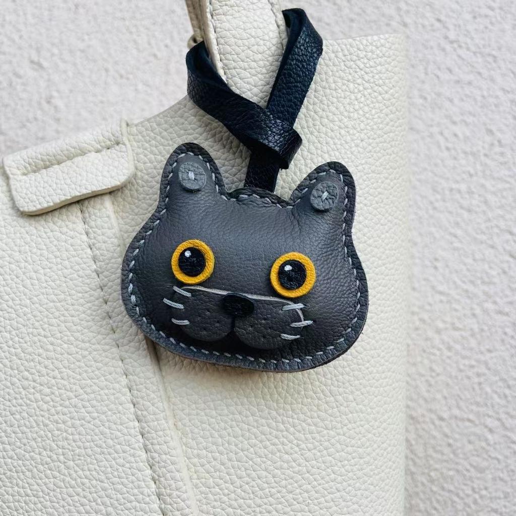 Handmade Grey Sheepskin Leather Cat Keychain - Cute Kitty Bag Charm, Genuine Leather Purse Accessory Gift for Women