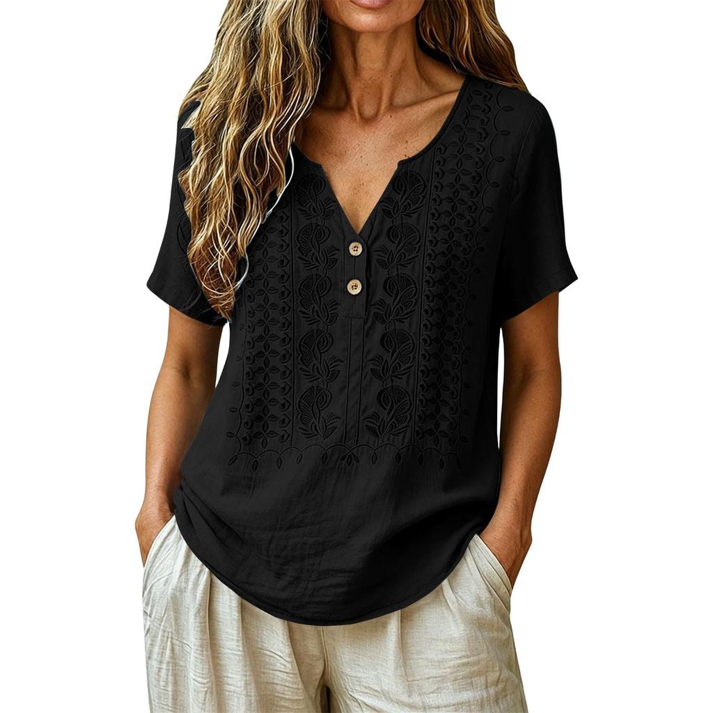 Women V Neck Embroidered Short Sleeve Blouse Casual Loose Fit Button Front Summer Top Lightweight Comfortable Shirt