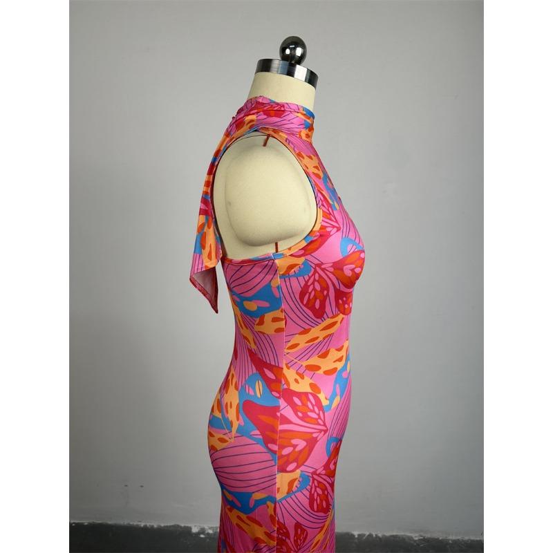 Women's Dress Summer Temperament Sweet Hanging Neck Sleeveless Printed Slim Mid-length Dresses