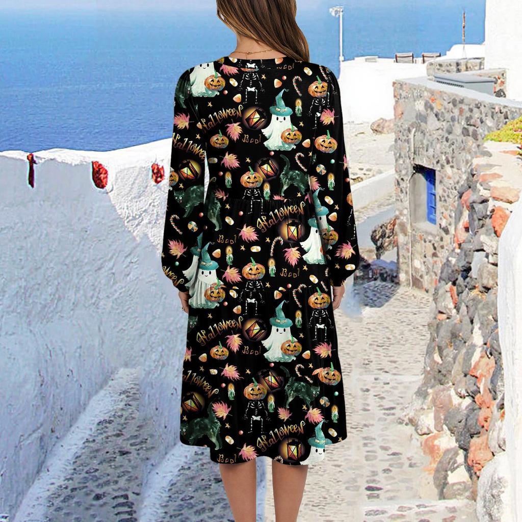 Women's V-Neck Flowing Layered Bohemian Long Sleeve Halloween Print Dress