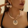 Gold Zinc Alloy Inlaid White Rhinestones Metal Round Necklace Earrings Set Women's Jewelry