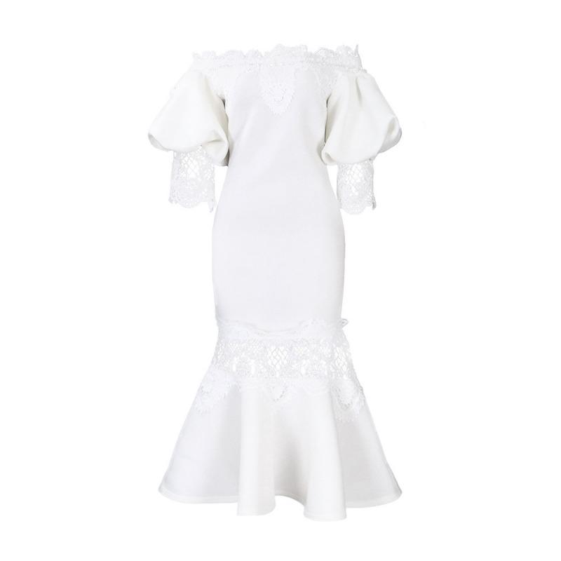 Women's fashion temperament lace off-the-shoulder fishtail party sexy party dress dress