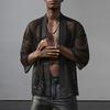 Männer Club Hemd Aushöhlen Mesh Strickjacke Hülse Mit Drei Vierteln Dünne Clubwear Durchsichtige Individuelle Streetwear Männer Hemd Mantel Männer kleidung