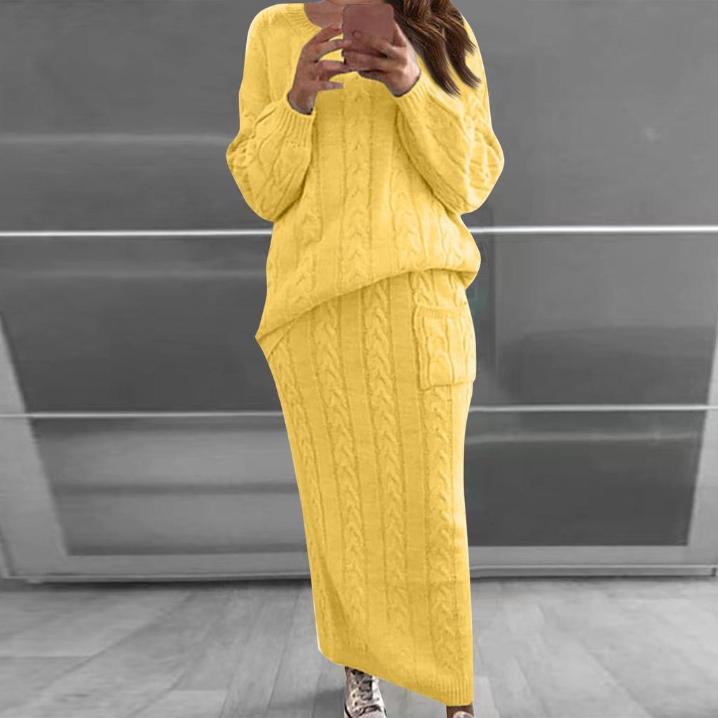 Women Autumn Winter Twist Crop Sweater Hip Skirt Knit Set for Laides Solid Color Slim All Match Two Piece Set