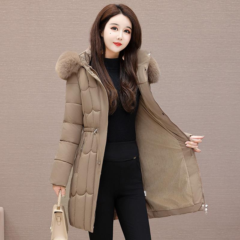 Zahraniční obchod zimní bavlněná dámská nová středně dlouhá korejská verze pas zateplená bavlněná bunda nový bavlněný kabát velký kožešinový límec