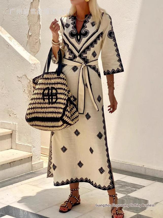 European & American Bohemian Printed Belt Dress - Autumn/Winter Women's Fashion.