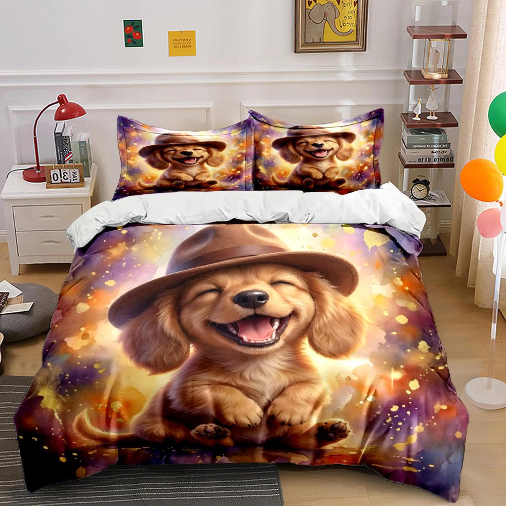 Cute Puppy Wearing a Brown Hat Print Bedding Set 1 Duvet Cover 2 Pillowcases for Adult and Children Luxury Gift Full Size
