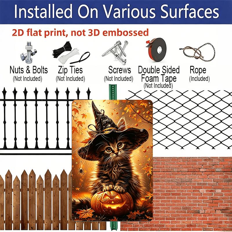 2D Flat, 1pc Autumn Maple Witch Kitty Halloween Aluminum Sign, Pumpkin Decorative Sign, Fun Decor, Halloween Artwork Wall Decor, Modern Wall Art, for