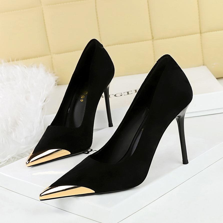 

Банкетные женские туфли на высоком каблуке, замшевые, с мелким вырезом, с металлическим острым носком, лодочки, супервысокий каблук 38 чёрный