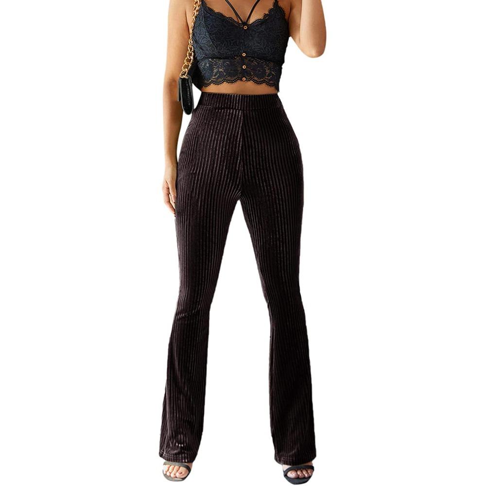 Women's High Waist Velvet Ribbed Flare Pants Slim Fit Solid Color Micro Bell Bottom Long Trousers