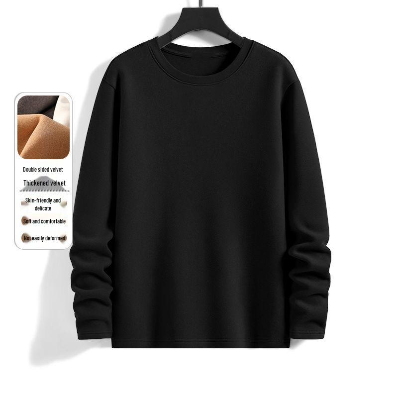 Men's Fleece-lined Double-sided German Velvet Warm Round Neck Long Sleeve Base Layer - Versatile Solid Color Innerwear for Autumn/Winter 2026.