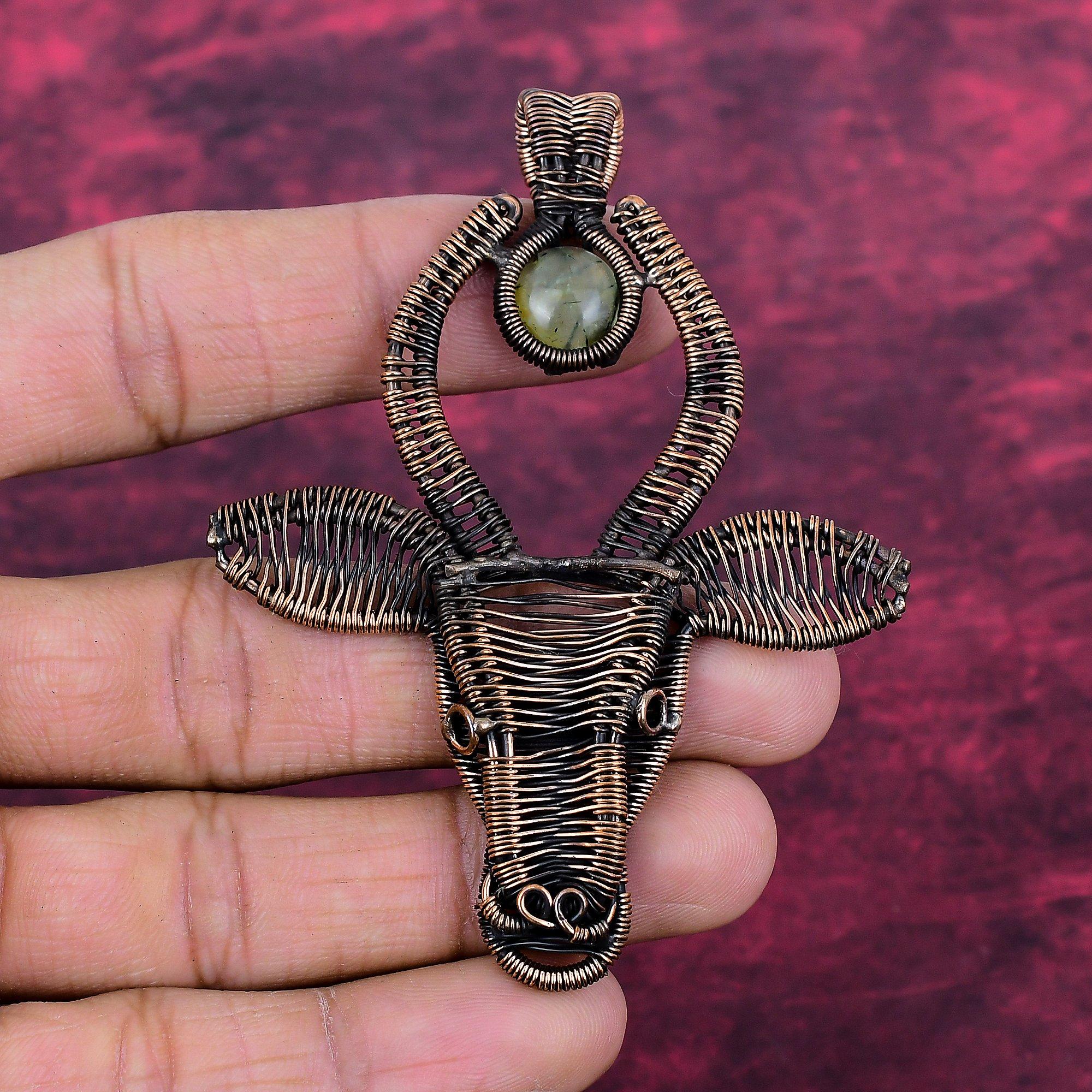 Moss Prehnite Real Gemstone Pendant Copper Wire Wrapped Jewelry Cow Face Pendant
