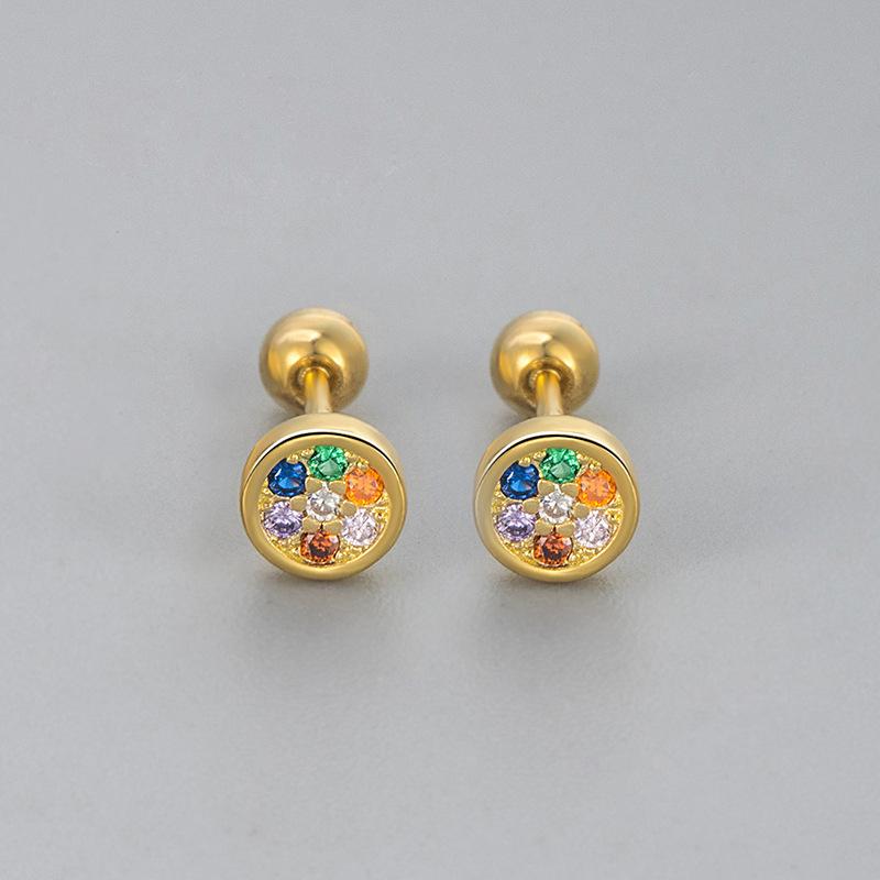 Light Luxury Round Colored Diamond Stud Earrings For Women Screw Back Comfortable Sleep In Hoops Niche Design Jewelry